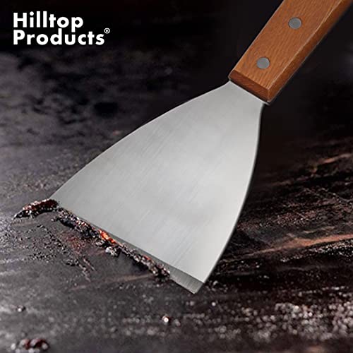 Hilltop Products 8.5\" Griddle Scraper, Grill Scraper, Spatula for BBQ, Food Service, Teppanyaki, Pizza, Dough - Stainless Steel Slant Flat Blade with Wooden Handle