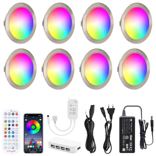 AIBOO Faretto da incasso RGB da cucina, a LED, cambia colore, 8 pezzi, con telecomando, faretto da incasso dimmerabile, con app, ultra piatto, illuminazione a LED per cucina, soggiorno