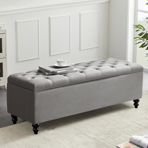kinmars Ottoman with Storage,50.2-inch Upholstered End of Bed Storage Bench for Bedroom,for The Living Room,for Entryway, with Button and Safety Hinges,Detachable (Grey)