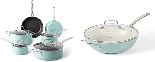 Martha Stewart Juego de 10 ollas y sartenes de aluminio esmaltado de calibre pesado - Martha Blue & Martha Stewart Lockton - Sartén esencial de