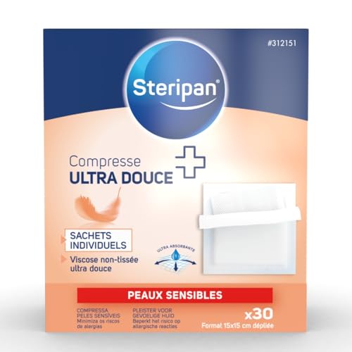 Steripan - Compresse Ultra Douce - Peaux Sensibles - Non Tissée - Sachets Individuels - Ultra Absorbante - 15x15cm x30