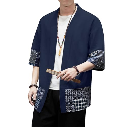 Image of PRIJOUHE Men's Kimono Jackets Cardigan Lightweight Casual Cotton Blends Linen Seven Sleeves Open Front Coat Outwear