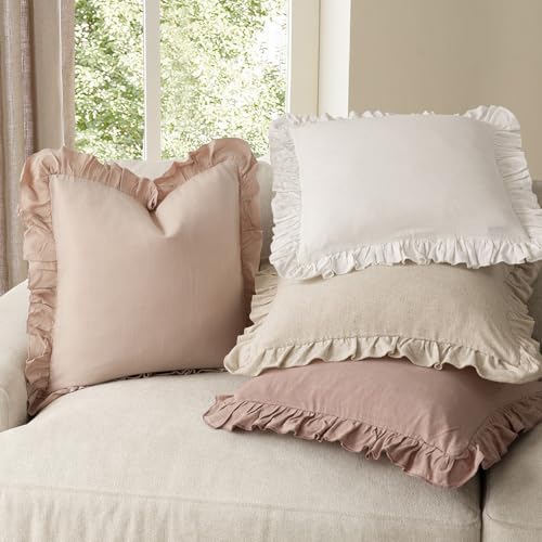 Image of Foindtower Set of 2 Decorative Linen Fringe Ruffle Throw Pillow Covers Soft Boho Farmhouse Cushion Cover Cozy Accent Retro Pillowcase for Couch Sofa Bed Living Room Home Decor,18x18 Inch,Light Pink