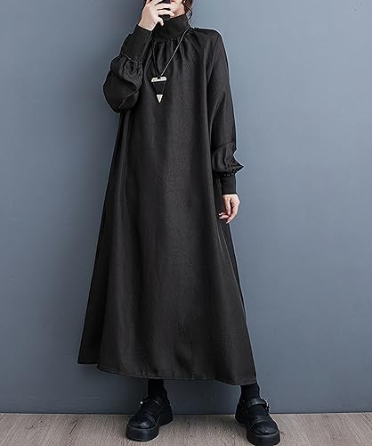 ellazhu Women's Fall Oversized Turtleneck Loose Long Sleeve Pullover Solid H-Line Maxi Dress GY28202