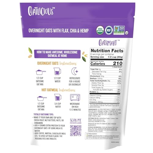Image of Oatsome Organic Overnight Oats with Chia, Flax, & Hemp, Gluten-Free Oatmeal with 7g of Protein, 12oz Bag (Pack of 2)