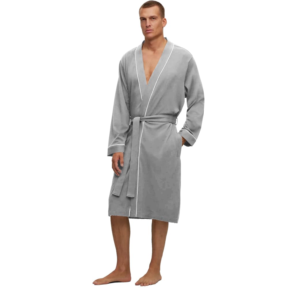 HOLOVE Men's Pure Cotton Bathrobe Lightweight Kimono and Hooded Spa Robes Soft Sleepwear