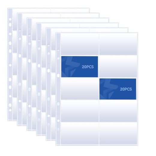 20 Pack Visitenkartenhüllen A4, Klarsichtfolie für Postkarten, Visitenkartenhülle A4 mit 10 Fächern, Fotohüllen für Ordner, Transparente Postkartenhüllen mit 11 Löchern, für Visitenkartenhülle