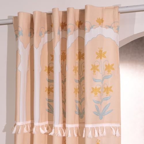 Image of Tranquebar Curtain Co. Window Curtains 6 Feet, 60-65% Room Darkening, Peach Floral Print, Cotton Curtains for Window, Cotton Curtains 6 Feet Long Set of 2, BackTab Loops, Taj (183 cm) - Set of 2