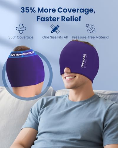 Image of Upgraded Migraine Relief Cap, ONLYCARE Headache Relief Cap, Soothing Migraine Mask, Odorless Gel Ice Head Wrap, Hot & Cold Therapy, Reusable Ice Pack for Tension and Stress Purple