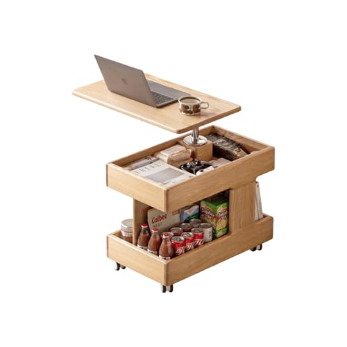 YESWOOD Table Basse en Bois de Chêne Massif avec roulettes, Livré Monté, Table d’Appoint Plateau Relevable Pivotant, Bout de Canapé pour Salon, Chambre,...