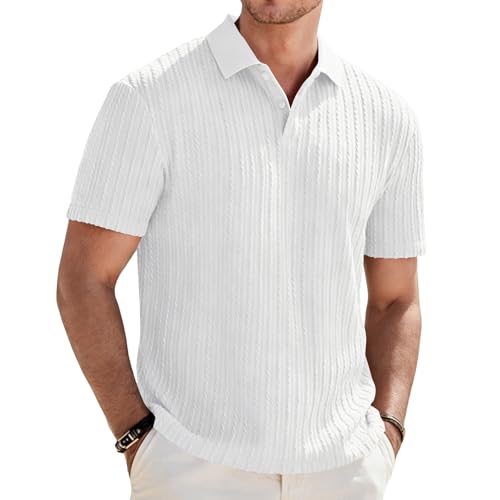 Focixfor Men's Polo Shirts Short Sleeve Button Regular Fit Casual Golf Striped Shirt White 2XL