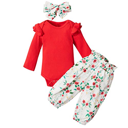 Baby Girls Infant Ribbed Romper Ruffle Sleeve Tops Floral Pant Headband Outfits Red