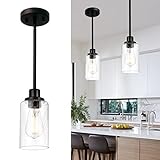 WINSHEN Black Pendant Light Fixture with Seeded Glass, Adjustable Hanging Light Fixtures, Farmhouse Glass Chandelier for Kitchen Island Living Room Hallway Bedroom