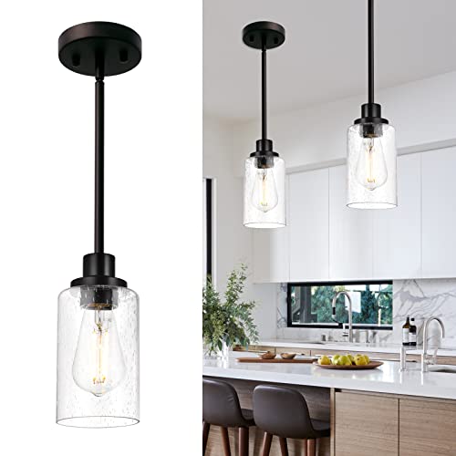 WINSHEN Black Pendant Light Fixture with Seeded Glass, Adjustable Hanging Light Fixtures, Farmhouse Glass Chandelier for Kitchen Island Living Room Hallway Bedroom