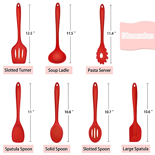 Teamfar Kitchen Utensils, 7 Pcs Silicone Cooking Baking Utensil, Non-Stick Kitchen Gadgets With Ladle Spatula Spoon Turner Pasta Server, Non-Toxic & One Piece, Heat Resistant & Dishwasher Safe-Red #TOP1