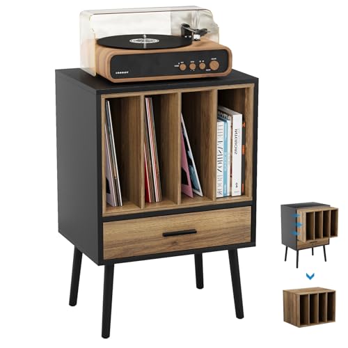Semiocthome Support de Tourne-Disque avec Caisse en Vinyle, Table de Rangement avec tiroir et Pieds massifs, Plateau pour platines tournantes (Petite)