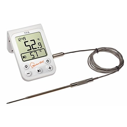 TFA Dostmann Küchen-Chef Digitales Grill-Bratenthermometer mit Hintergrundbeleuchtung, Kunststoff, Weiß, L 64 x B 20 (96) x H 99 (61) mm