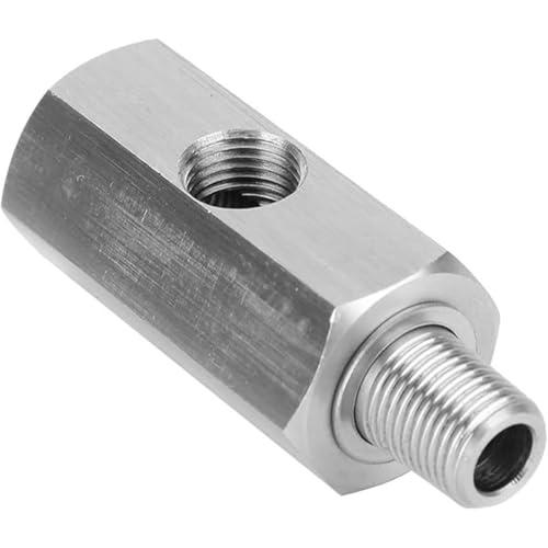 Jussming M12x1.5 to 1/8 NPT Male-to-Male Stainless Steel Oil Pressure Adapter Fitting with Side Port – 304 SS Turbo Oil Line T-Fitting for Aftermarket Gauges (1-Pack)