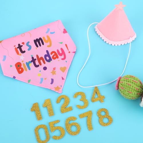 Rosa Hunde Geburtstag Hut Bandana Set mit 8 Bling Nummern Hundegeburtstagskrawatte Krawatten Hund Halstuch Bandana Zubehör Set für Hundegeburtstagsparty