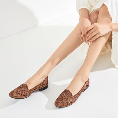 BABUDOG Womens Flats,Black and White Dress Flats with Flower Eyelets,Breathable Ballet Flats 6