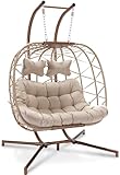 RADIATA Double Egg Chair with Stand Luxury Outdoor Patio Wicker Loveseat Hanging Swing Chairs Resistant Cushions Metal Frame 500 lbs Capaticy for 2 Persons Backyard Balcony Beige Beige Rattan
