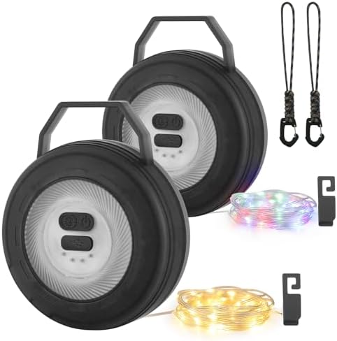 2 Pack Camping String Light, 2 in 1 Rechargeable Outdoor String Lights, 7 Modes Hanging Light for Camping, Hiking, Yard, Tent Decor (32.8FT) (Black)
