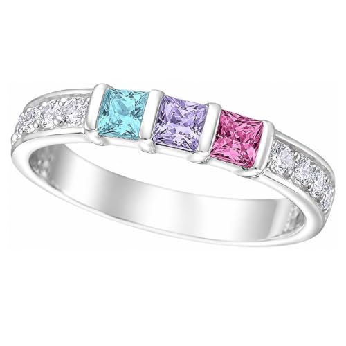Central Diamond Center Princess with side CZs Mothers rings 1 to 6 Simulated Birthstones - Platinum Plated Silver - 1 to 5 Birthstones - Size 7