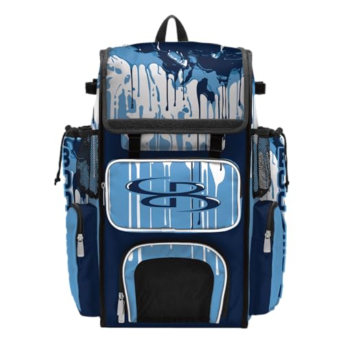 Boombah Superpack Bat Bag - Backpack Version (no wheels) - Holds 4 Bats - Graffiti Drip Navy/Columbia/White