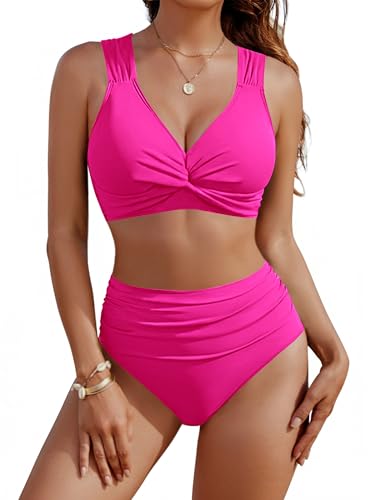 Image of Blooming Jelly Women High Waisted Bikini Sets Tummy Control Swimsuits Color Block Two Piece Drawstring Bathing Suit