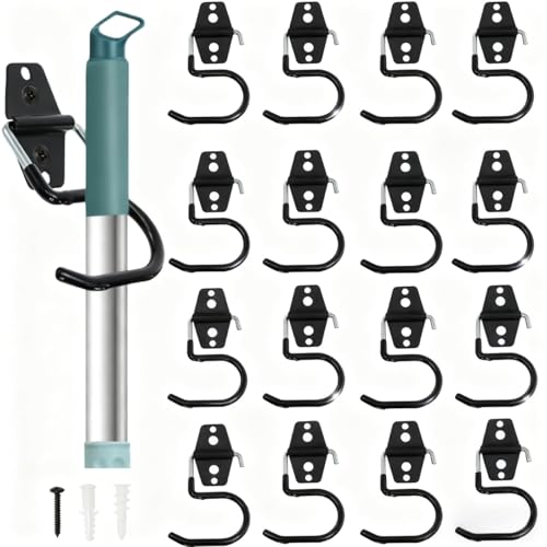 Tlence 16 Pack Metal Broom Hooks, Heavy Duty Garage Holder Wall Mount, S Type Anti-Slip Mop Rack, Cleaning Tools Holder Storage Organizer Hanger for Shovel Rakes Shed Garden Lawn Yard
