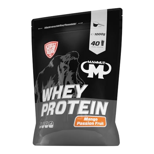 Mammut Nutrition Whey Protein Pulver Mango Passion Fruit – 1kg – 27g Protein pro Portion – Eiweißpulver mit hohem BCAA-Anteil – Perfekte Löslichkeit in Wasser & Milch – Ideale Zwischenmahlzeit