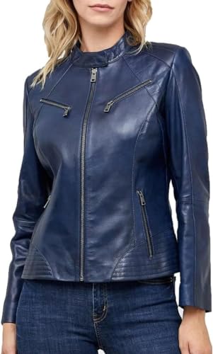 A&M Express Chaqueta de piel sintética y auténtica para mujer, color azul, para motociclista. Elegante traje de motociclista para mujer, azul, XS