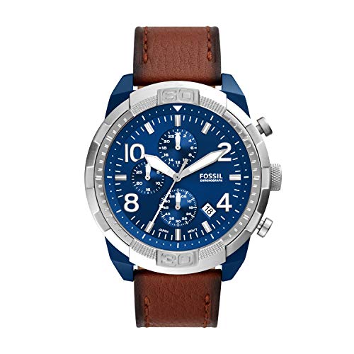 Fossil Men's Bronson Quartz Stainless Steel and Eco-Leather Chronograph Watch, Color: Silver/Blue, Brown (Model: FS5829)