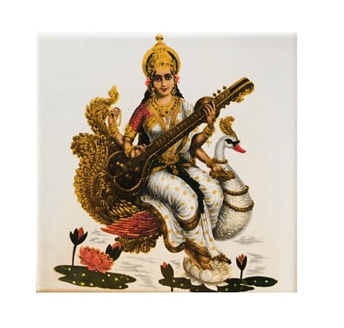Image of Ceramic Devi Saraswati Tiles for Home Entrance, Temple, Office - 6 x 6 Inch