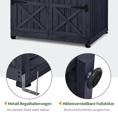 M MCombo Gartenschrank Gartenhaus Holz Wetterfest, Outdoor Wasserdicht Schrank mit Boden, für Außenbereich Balkon Terrasse, Aufbewahrungsschrank mit 2 Bewegliche Regale 74×99×193 cm (Anthrazitgrau)