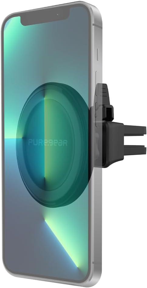PureGear MagSafe Compatible Qi-Certified Fast Magnetic Wireless Round Car Charger for iPhone 17, Air,16,15, 15 Pro, 14, 14 Pro Max, 13, 12, Qualcomm Car Charger, Charging Cable, AirVentClip+Dash Mount