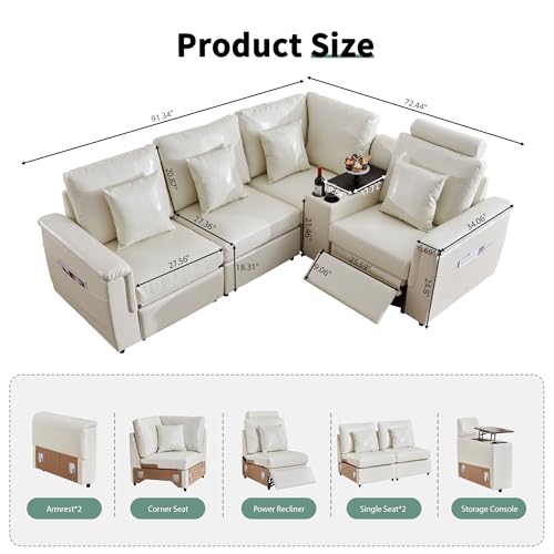Image of RARZOE Faux Leather Sectional Sofa with Power Recliner, L Shaped PU Leather Couch with Storage Console Charging Cup Holders, 4 Seater Oversized Modular Reclining Couches for Living Room,Beige