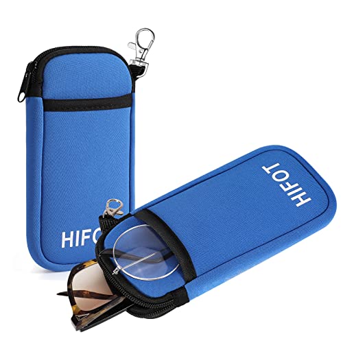 Image of Hifot 2 Pack Double Soft Glasses Case with Carabiner Hook, Ultra Light Portable Neoprene Eyeglasses Pouch with Zipper