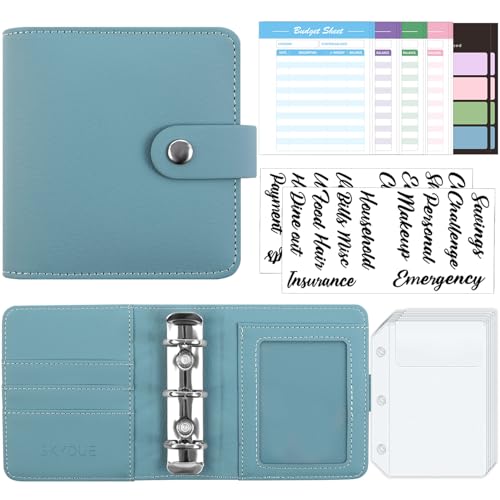 SKYDUE Mini Budget Binder with 12Pcs Cash Envelopes, PU Cash Stuffing Binder, Money Saving Binder with 12Pcs Expense Budget Planner Sheets & 25 Sticky Labels, Cash Envelope Wallet for Budgeting