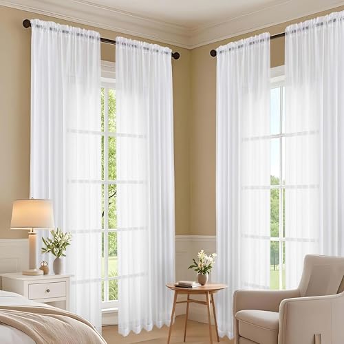 Image of OVZME White Sheer Curtains 84 Inches Long 2 Panels Set, 59 Inch Extra Wide Light Filtering Sheer White Curtains for Living Room Bedroom, Modern Voile Filmy Rod Pocket Window Drapes, 59Wx84L Inches