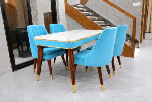 Image of WOODEN SPACE 4 Seater Wooden Dining Table Set | Urban Marble Top Dining Table with Chairs for Dining Room & Kitchen (Modern Frontline Sky Blue) (54 x 36 x 30 inch)