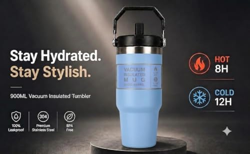 Image of 900ml Insulated Tumbler with Handle and Straw Lid | Stainless Steel Vacuum Mug | Leakproof Water Bottle | Hot & Cold Coffee Tumbler | Drinking Cup for Gym, Office, Car, Camping & Travel (Sky Blue)