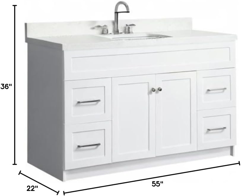 DKB Bradford Series 55" Inch Single Rectangle Sink Bathroom Vanity Cabinet in White, Pure White Quartz Countertop, 2 Soft Closing Doors, 4 Full Extension Dovetail Drawers, No Mirror