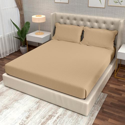 Image of Divine Casa Cotton King Size Bedsheet 210 TC Italian Stripe | Soft Skin Friendly Breathable Bed Sheet with 2 Pillow Covers | Premium Stripe Bedding Set | 275 x 275 cm (Biege, Striped)
