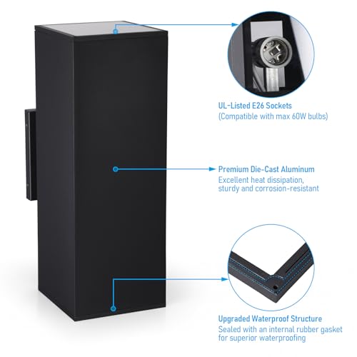 Image of LEONLITE 2-Pack 22 inch Outdoor Rectangular Wall Light, Up and Down, E26 Base | Modern Porch Patio Lights, Waterproof Wall Sconce, Exterior Light Fixture Wall Mount, Aluminum, Matte Black, ETL Listed