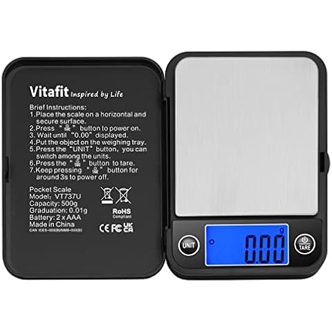 Vitafit 500g Digital Pocket Scale,High Accuracy Assured by Scale Professional Factory Since 2001, Gram Scale 0.01g for Multifunction: Lab,Food, Kitchen,Coffee,Jewelry; Black Cover