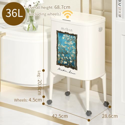 Image of MRBIN Metal Kitchen Trash Can with Wheel Legs, 36L / 9.5gal Medium Press Lid Slim Removable Waste Basket, Pet Proof Tall Narrow Garbage Pail for Vanity, Bedroom, Bathroom, Living Room, Almond Blossom