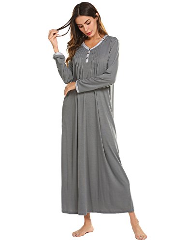 Ekouaer Womens Cotton Knit Long Sleeve Nightgown for Women, Henley Full Length Sleep Dress,Dark Grey,X-Large