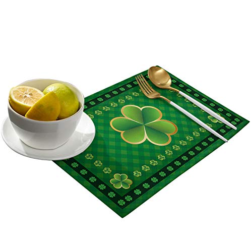 Happy St. Patrick's Day Placemats Set Of 6,Clover Shamrock Green Buffalo Plaid Heat-Resistant Placemats For Dining Table,Cotton Linen Non-Slip Place Mats For Farmhouse Banquet Kitchen Table Decor #TOP1