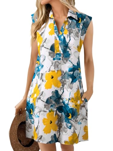 Image of Wenrine Womens Summer Dresses Floral Casual Collared V Neck Cap Sleeve Loose Boho T Shirt Dresses with Pockets